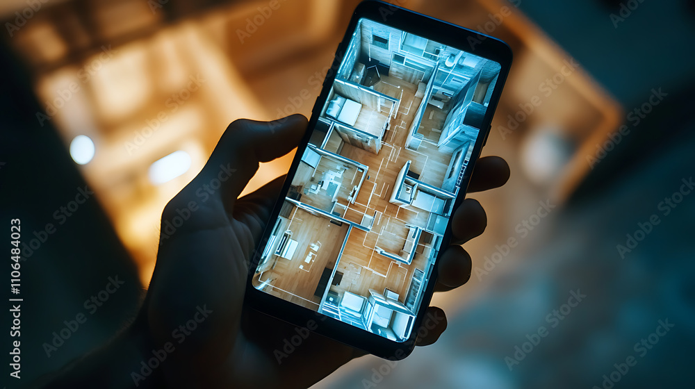 Poster An augmented reality marketing concept for architecture, where a hand holds a smartphone using an AR application to project 3D popup interactive room maps to life