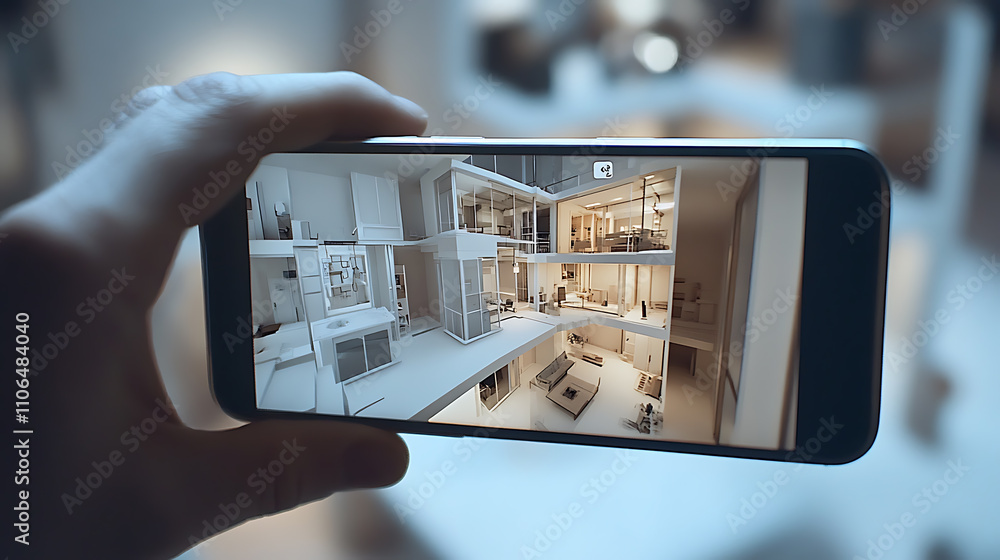 Fototapete An augmented reality marketing concept for architecture, where a hand holds a smartphone using an AR application to project 3D popup interactive room maps to life