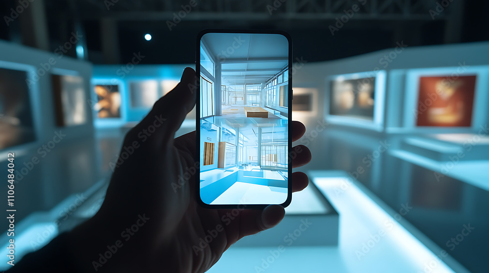 Poster an augmented reality marketing concept for architecture, where a hand holds a smartphone using an ar
