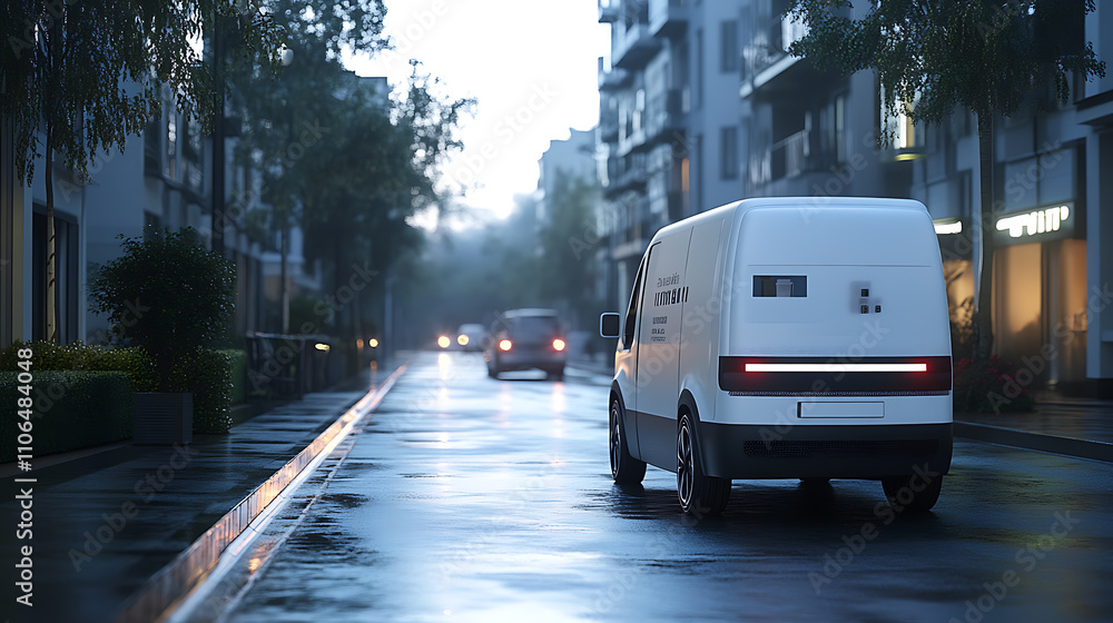 Poster an autonomous van delivers parcels to specific city locations using a smartphone app to display orde