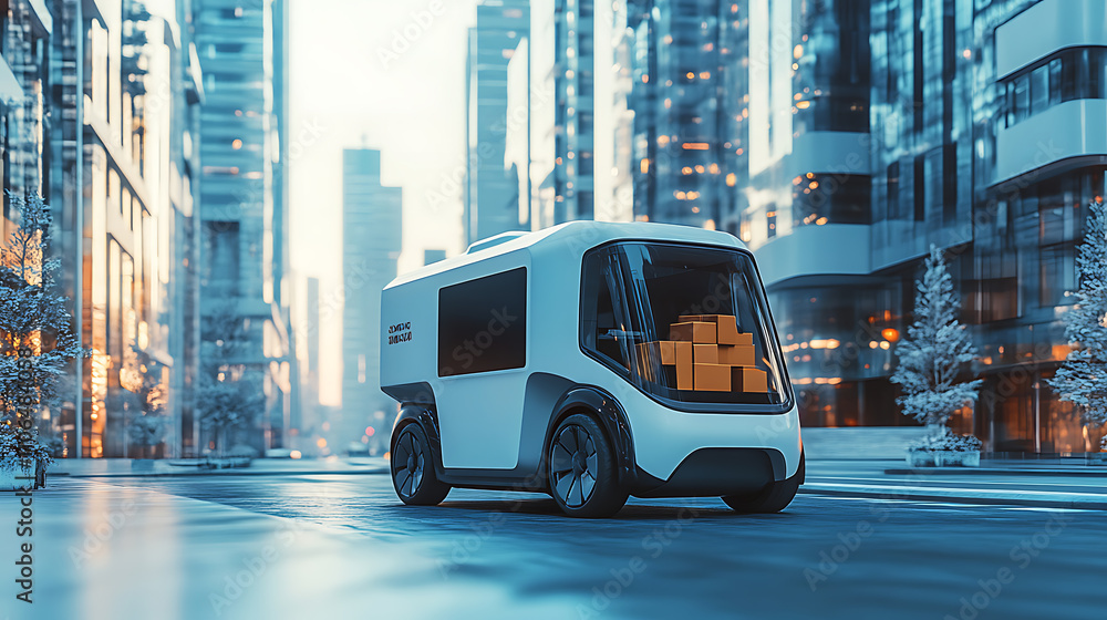 Aufkleber an autonomous van delivers parcels to specific city locations using a smartphone app to display orde