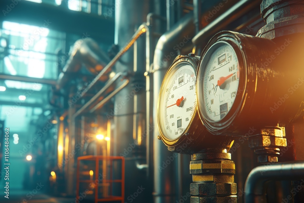 Poster detailed close-up view of industrial pressure gauges with pipe infrastructure in background highligh