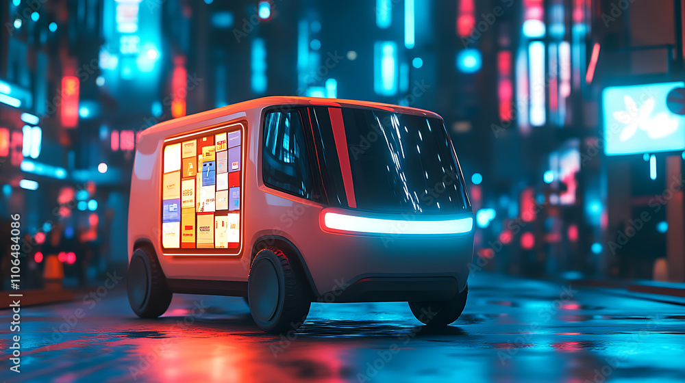 Aufkleber an autonomous van delivers parcels to specific city locations using a smartphone app to display orde