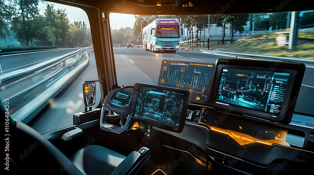 Aufkleber an unmanned smart truck, controlled by ai, features holographic car-style hud ui gui, and includes h
