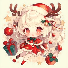 Cute Christmas Chibi Girl with Deer Antlers. Festive Holiday Character Design.