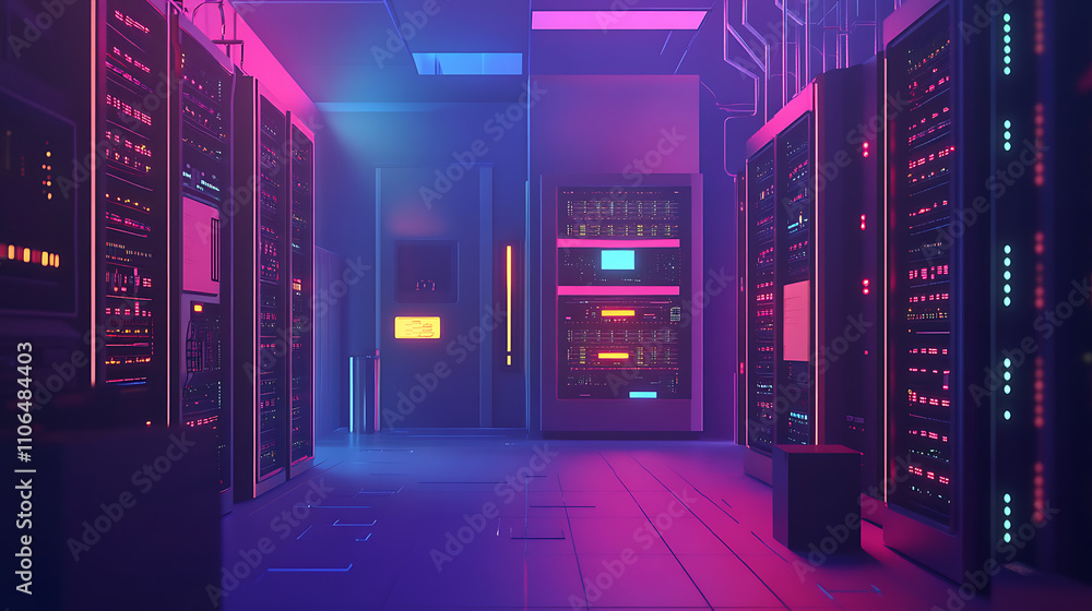 Aufkleber A 3D illustration of a server room with node-based programming and data design elements, representing the concept of big data storage and cloud computing technology