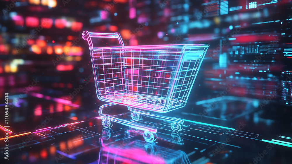 Poster Digital concept art of online shopping Featuring a vibrant shopping cart icon over a soft Technological background Symbolizing the ease and convenience of e-commerce