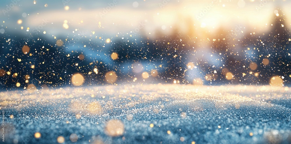 Poster sparkling snow-covered landscape with soft bokeh effects and warm light, creating a serene winter at