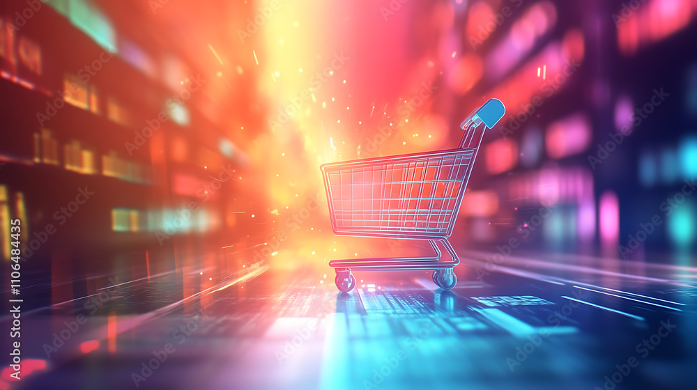 Poster digital concept art of online shopping featuring a vibrant shopping cart icon over a soft technologi