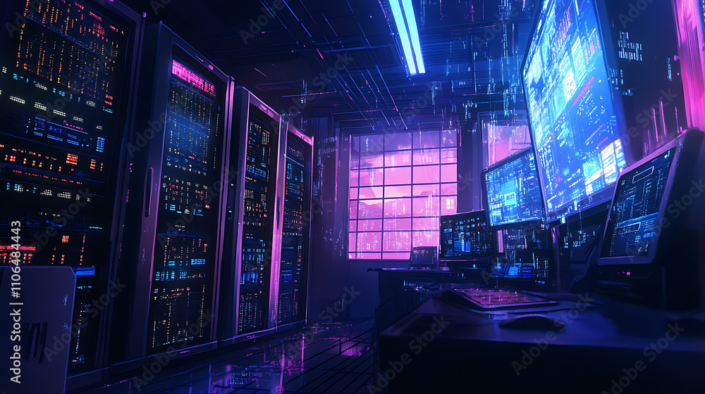 Poster A 3D illustration of a server room with node-based programming and data design elements, representing the concept of big data storage and cloud computing technology