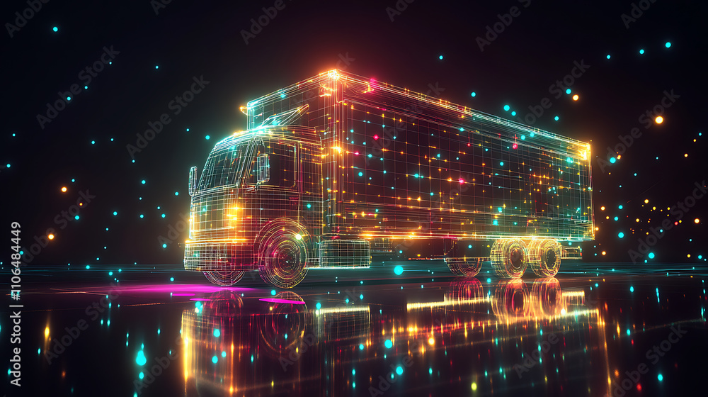 Poster Digital representation in 3D, a wireframe depiction of a moving truck illuminated by neon lights, accompanied by shimmering dots, set against a black backdrop with a blurred reflection on the floor