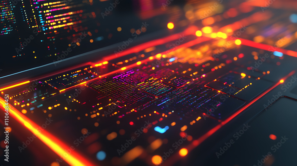 Leinwandbilder A background image illustrating the laptop concept technology, accompanied by a business graph and data analysis process, It reflects coding for future communication network software development