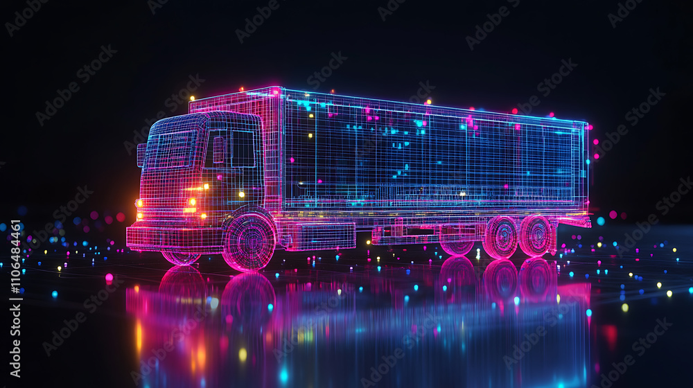 Aufkleber digital representation in 3d, a wireframe depiction of a moving truck illuminated by neon lights, ac