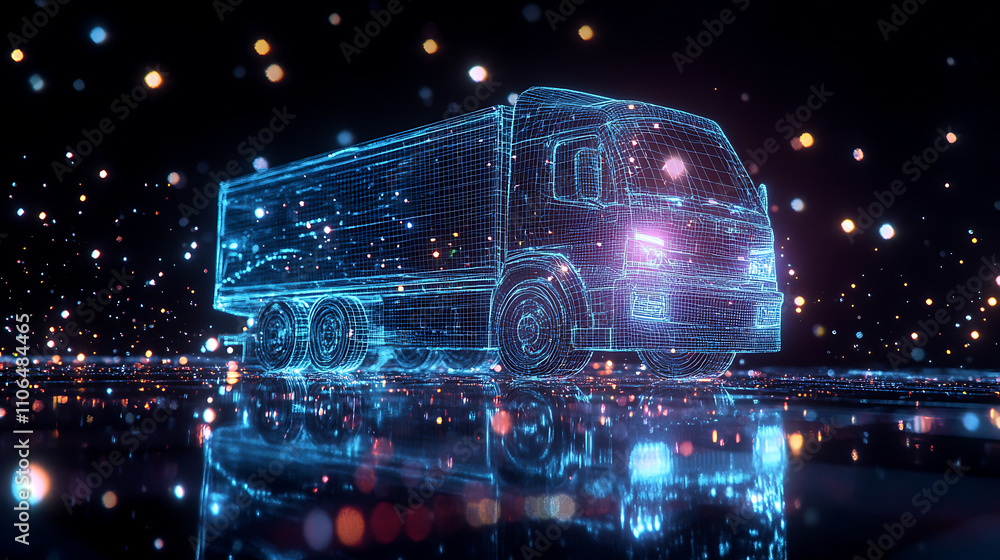 Leinwandbilder Digital representation in 3D, a wireframe depiction of a moving truck illuminated by neon lights, accompanied by shimmering dots, set against a black backdrop with a blurred reflection on the floor