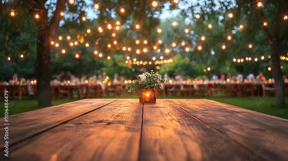 Poster empty wooden table with party in garden background blurred