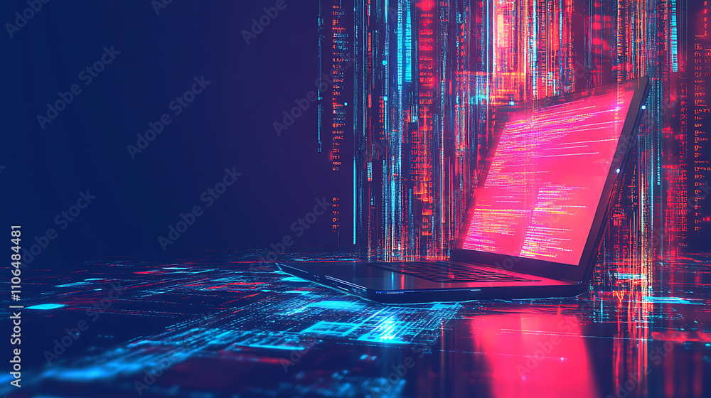 Aufkleber A background image illustrating the laptop concept technology, accompanied by a business graph and data analysis process, It reflects coding for future communication network software development
