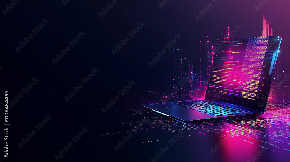 Poster A background image illustrating the laptop concept technology, accompanied by a business graph and data analysis process, It reflects coding for future communication network software development