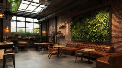 Modern industrial cafe interior with brick walls, leather seating, and a green wall.