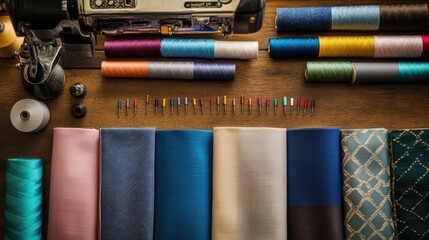 Colorful Threads and Fabric Swatches on a Crafting Table Scene