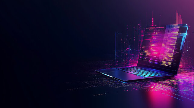 A background image illustrating the laptop concept technology, accompanied by a business graph and data analysis process, It reflects coding for future communication network software development