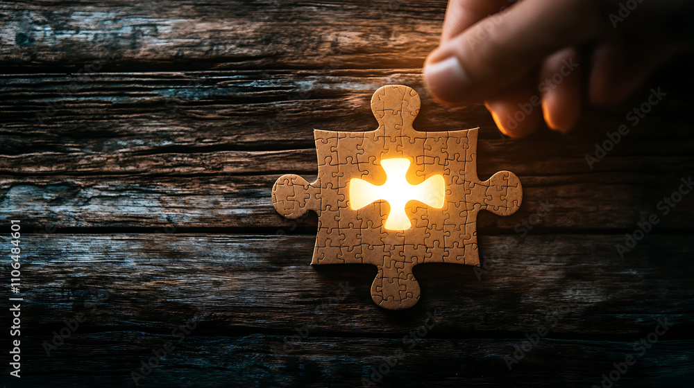 Aufkleber a business concept portraying a missing jigsaw puzzle piece with a light glow, symbolizing the compl