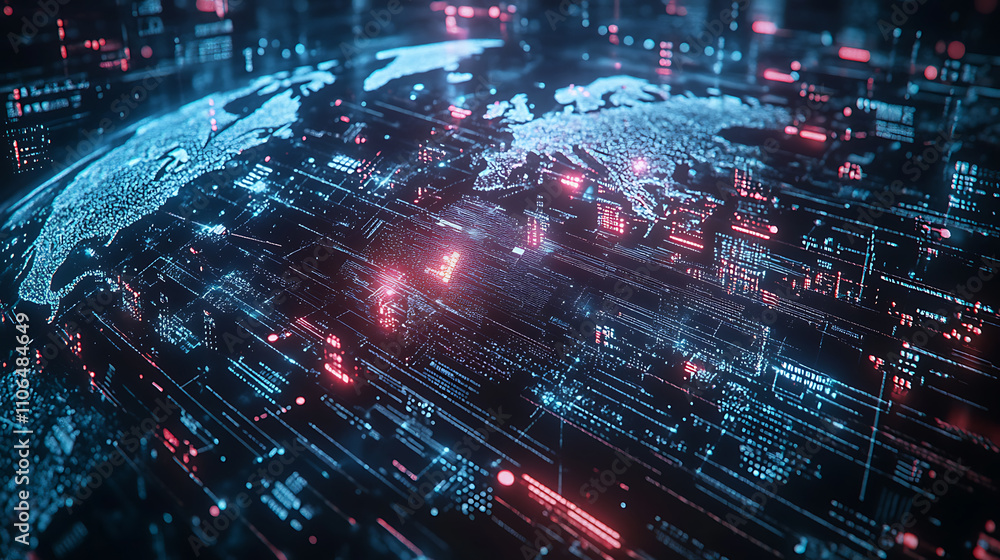 Poster Global digital network connections Futuristic world map visualization Concept of global communication