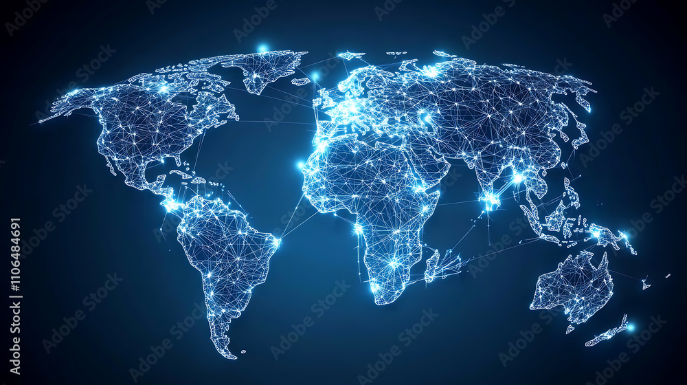 Poster global digital network connections futuristic world map visualization concept of global communicatio