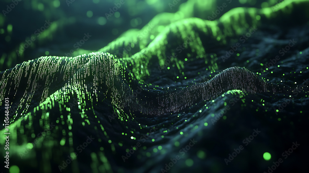 Poster A futuristic 3D illustration of data streams with elements of cyberpunk, big data, and cybersecurity, serving as an abstract technological background