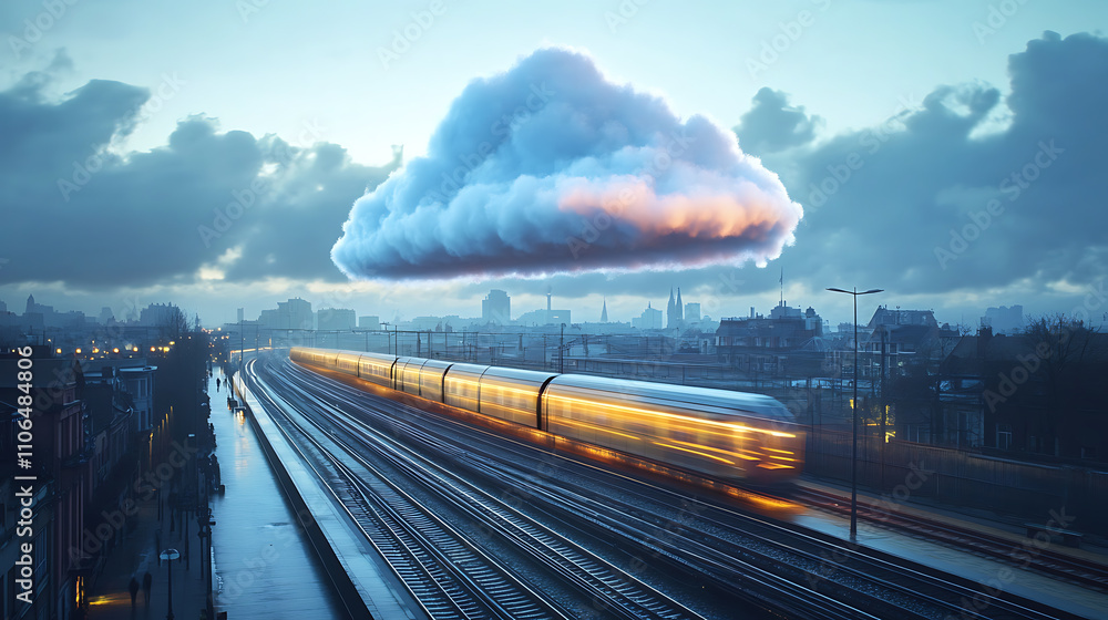Poster Cloud computing with a speeding train on a city background