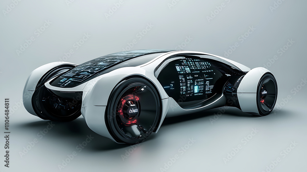 Poster A futuristic vehicle integrated with a Graphical User Interface (GUI), representing an intelligent, connected car in the Internet of Things era, Heads-Up Display (HUD) for enhanced user interaction