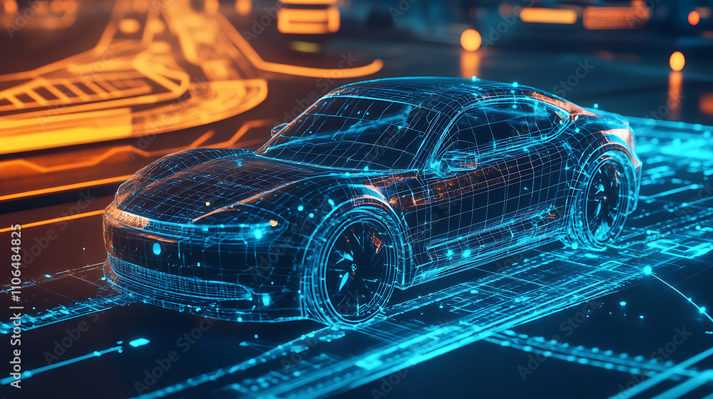 Poster A futuristic car depicted alongside a wireframe intersection, set within a digital user interface environment, (3D Illustration)