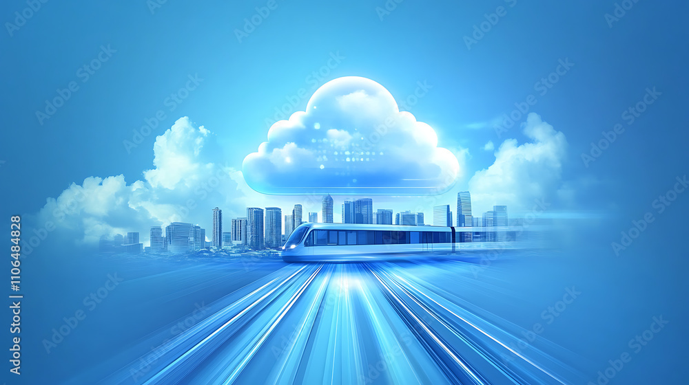 Poster Cloud computing with a speeding train on a city background