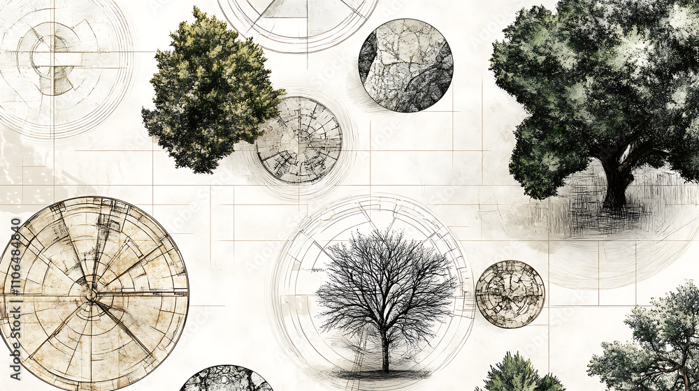 Aufkleber Hand-drawn architectural pattern with various textures in circles, For architectural layout and landscape design, an abstract tree top view is used