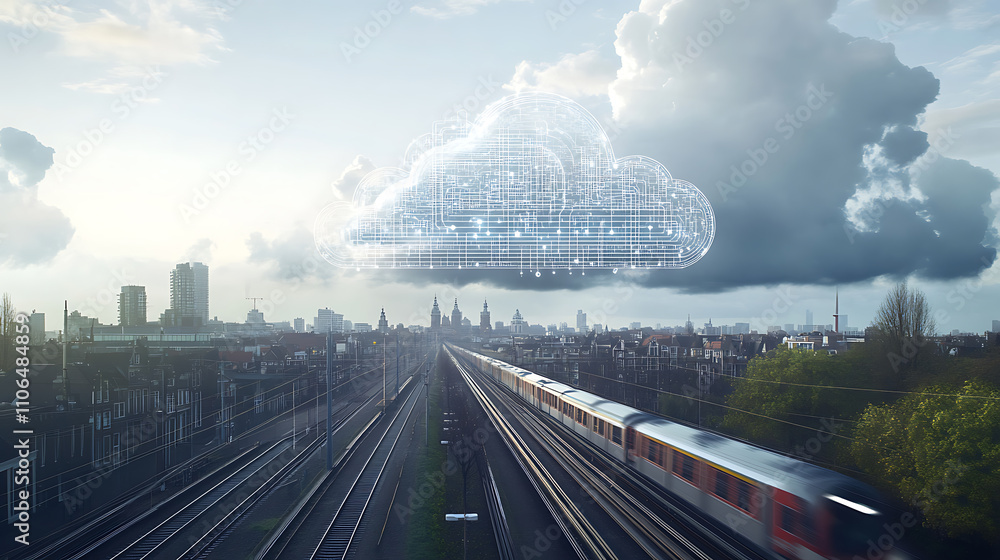 Poster Cloud computing with a speeding train on a city background