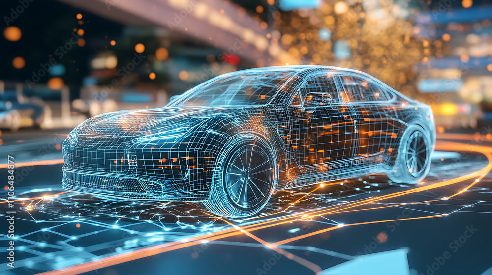 Leinwandbilder A futuristic car depicted alongside a wireframe intersection, set within a digital user interface environment, (3D Illustration)