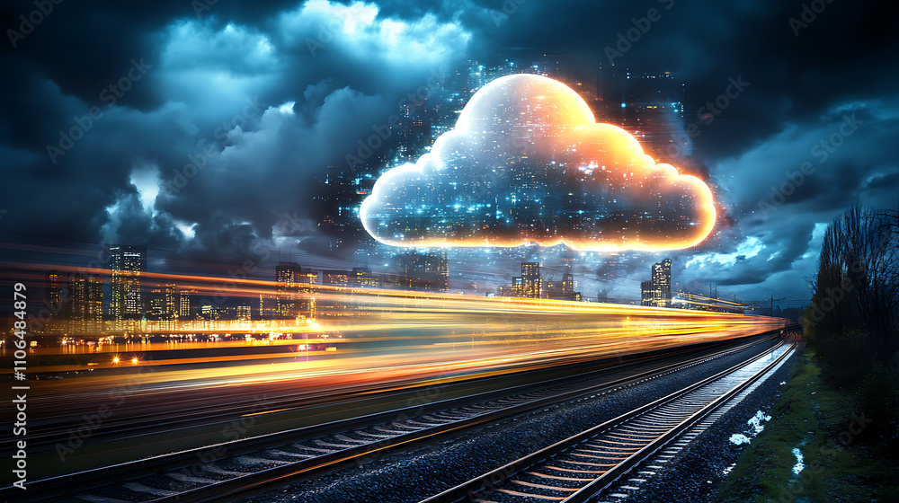 Poster cloud computing with a speeding train on a city background