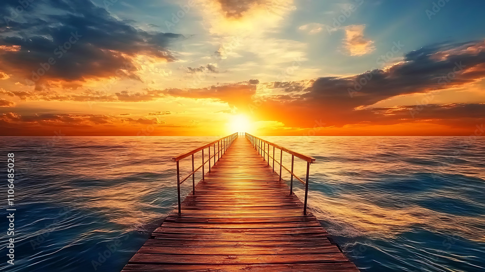 Poster a long wooden pier with metal railings extends into the rippling seawater, creating a mesmerizing vi