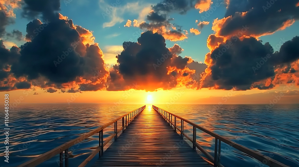 Fototapete a long wooden pier with metal railings extends into the rippling seawater, creating a mesmerizing vi