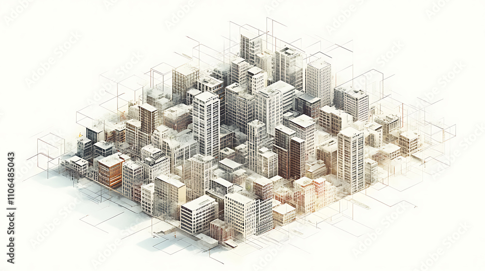 Poster isometric cityscapes, white backdrop, conceptual mapping, and geometric diagram displaying different