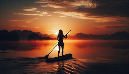 A silhouette of someone paddleboarding on a calm lake at dawn, silhouette, action photography, aesthetics,