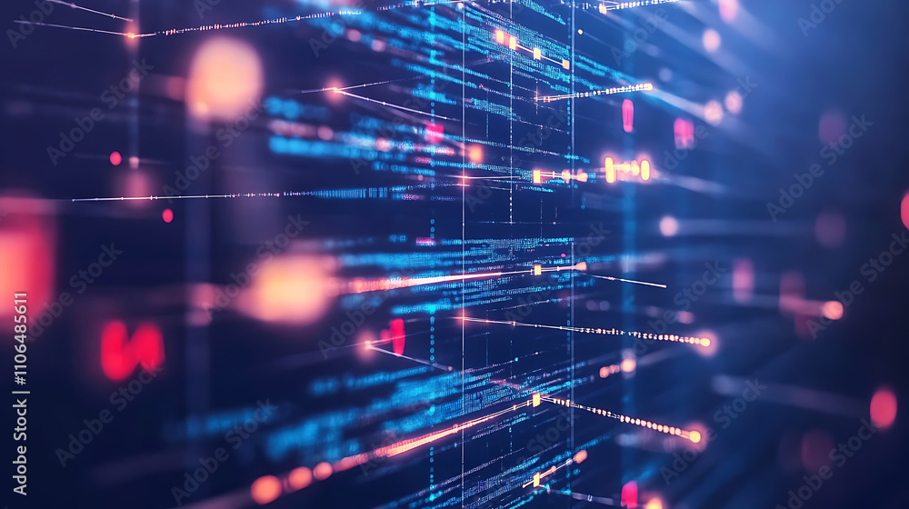 Poster a technological background depicting a data transmission channel with the motion of digital data flo