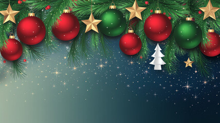Naklejka premium Festive Christmas decorations featuring red and green ornaments against a sparkling winter background, space for text or message