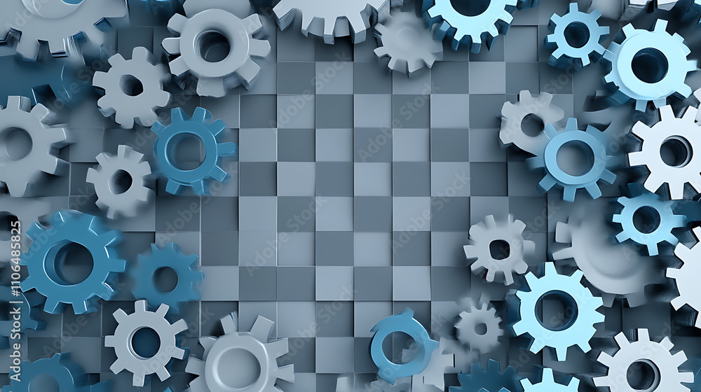 Aufkleber The infographic header features gray and blue gears against a checkered background