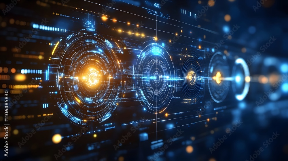 Poster abstract digital data flow visualization with glowing circles and lines.