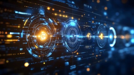 Fototapeta premium Abstract digital data flow visualization with glowing circles and lines.
