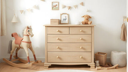 A wooden dresser with a horse on top of it