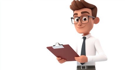 Professional 3D cartoon salesperson with a clipboard, ready for a client meeting, on a white background