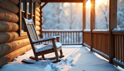 Snow-draped wooden rocking chair on a cabin porch with soft winter light, creating a blank central area