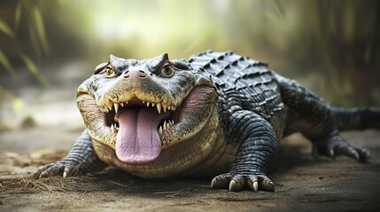 Fototapeta premium A whimsical, fat crocodile with the head of a dog, including a playful tongue and a full dog-like body, creating an imaginative and humorous hybrid creature in a fun, surreal style.