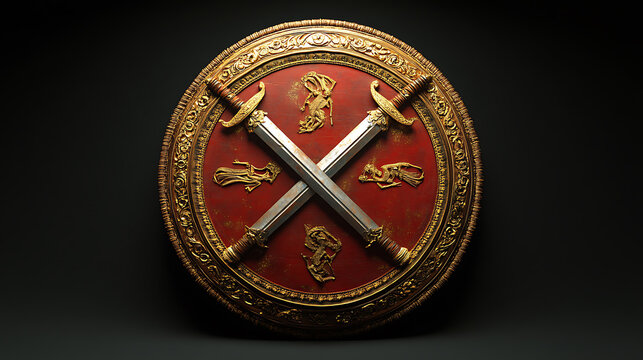 An Indian shield adorned with crossed talwar swords, symbolizing heritage, strength, and tradition